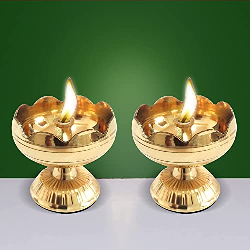 (Set of 2) - Solid Brass Flower Design Diya Deepak Pooja Oil lamp (5 cm Height) Mangal Fashions | Indian Home Decor and Craft