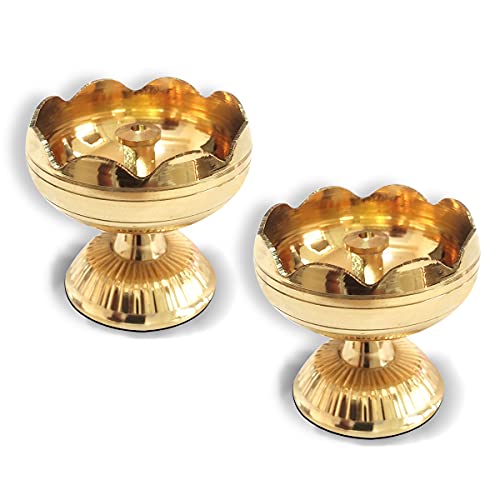 (Set of 2) - Solid Brass Flower Design Diya Deepak Pooja Oil lamp (5 cm Height) Mangal Fashions | Indian Home Decor and Craft