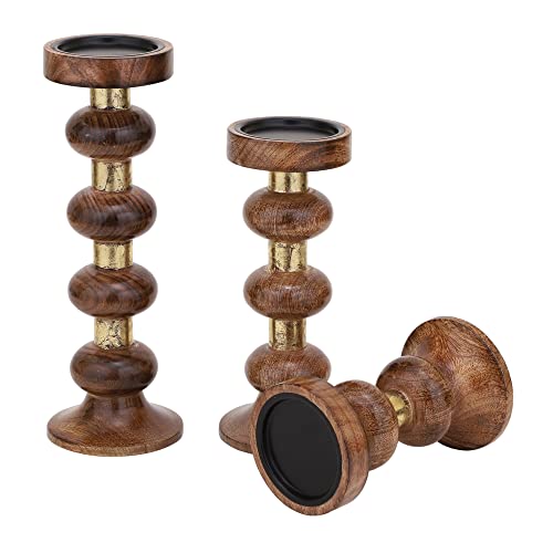 Set of 3 (12', 10' 7.5' Inch) Decorative Wooden Handcrafted Candle Stand – Mango Wood Medium Polish Finish Mangal Fashions | Indian Home Decor and Craft