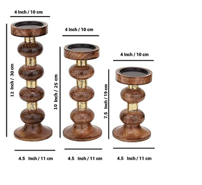 Set of 3 (12', 10' 7.5' Inch) Decorative Wooden Handcrafted Candle Stand – Mango Wood Medium Polish Finish Mangal Fashions | Indian Home Decor and Craft