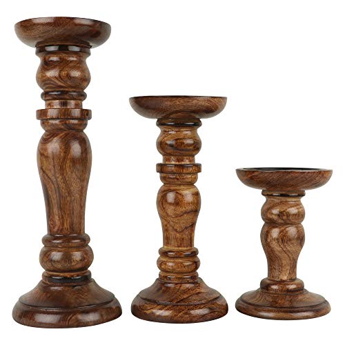 Set of 3 (12', 8' 6' Inch) Decorative Wooden Handcrafted Candle Stand – Mango Wood Medium Polish Finish Mangal Fashions | Indian Home Decor and Craft