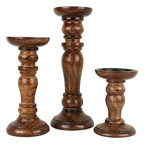 Set of 3 (12', 8' 6' Inch) Decorative Wooden Handcrafted Candle Stand – Mango Wood Medium Polish Finish Mangal Fashions | Indian Home Decor and Craft
