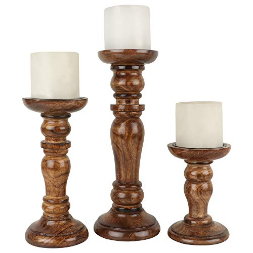 Set of 3 (12', 8' 6' Inch) Decorative Wooden Handcrafted Candle Stand – Mango Wood Medium Polish Finish Mangal Fashions | Indian Home Decor and Craft
