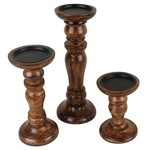 Set of 3 (12', 8' 6' Inch) Decorative Wooden Handcrafted Candle Stand – Mango Wood Medium Polish Finish Mangal Fashions | Indian Home Decor and Craft