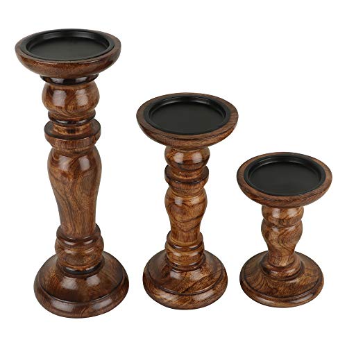 Set of 3 (12', 8' 6' Inch) Decorative Wooden Handcrafted Candle Stand – Mango Wood Medium Polish Finish Mangal Fashions | Indian Home Decor and Craft