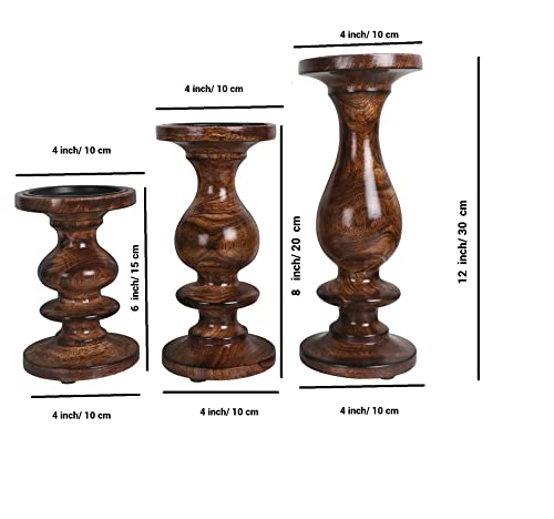 Set of 3 (12', 8' 6' Inch) Decorative Wooden Handcrafted Candle Stand – Mango Wood Medium Polish Finish Mangal Fashions | Indian Home Decor and Craft