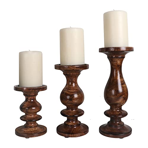 Set of 3 (12', 9' 6' Inch) Decorative Wooden Handcrafted Candle Stand – Mango Wood Medium Polish Finish Mangal Fashions | Indian Home Decor and Craft