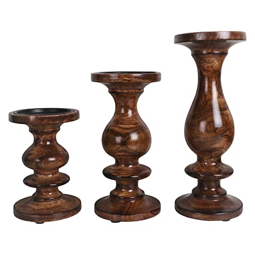 Set of 3 (12', 9' 6' Inch) Decorative Wooden Handcrafted Candle Stand – Mango Wood Medium Polish Finish Mangal Fashions | Indian Home Decor and Craft