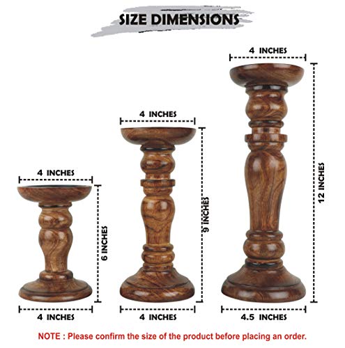 Set of 3 (12', 9' 6' Inch) Decorative Wooden Handcrafted Candle Stand – Mango Wood Medium Polish Finish Mangal Fashions | Indian Home Decor and Craft