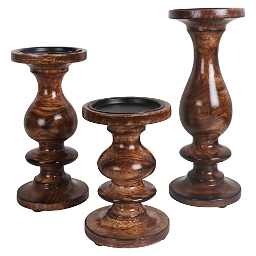 Set of 3 (12', 9' 6' Inch) Decorative Wooden Handcrafted Candle Stand – Mango Wood Medium Polish Finish Mangal Fashions | Indian Home Decor and Craft