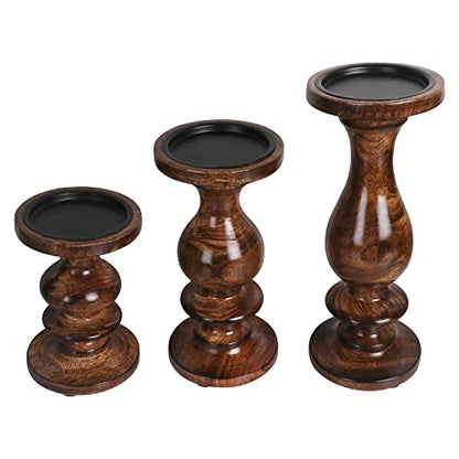 Set of 3 (12', 9' 6' Inch) Decorative Wooden Handcrafted Candle Stand – Mango Wood Medium Polish Finish Mangal Fashions | Indian Home Decor and Craft