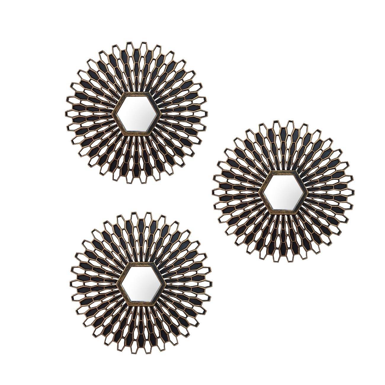 Set of 3 - Decorative Wall Mirror for Living Room Round Gold & Black (10 x 10 Inch) Mangal Fashions | Indian Home Decor and Craft