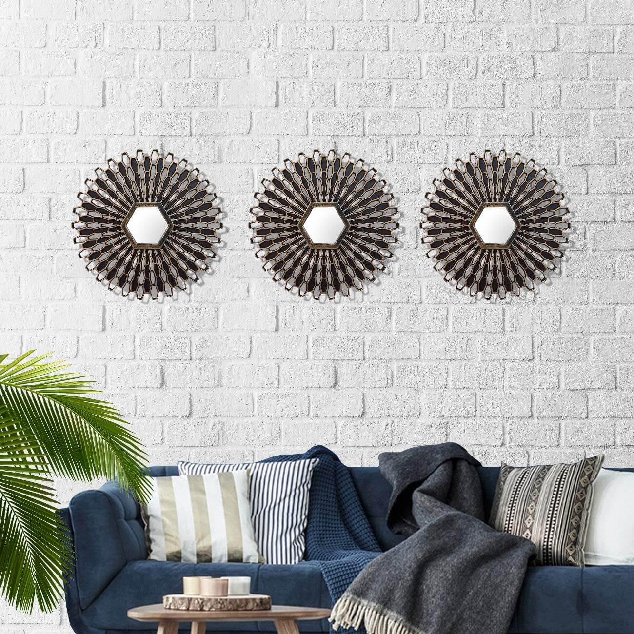 Set of 3 - Decorative Wall Mirror for Living Room Round Gold & Black (10 x 10 Inch) Mangal Fashions | Indian Home Decor and Craft