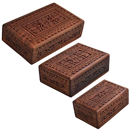 (Set of 3) Wooden Jewel Boxes Storage Box Organizer Gift Box for Women Necklace Earring Set Bangles Churi Holder (1.3 kg) Mangal Fashions | Indian Home Decor and Craft