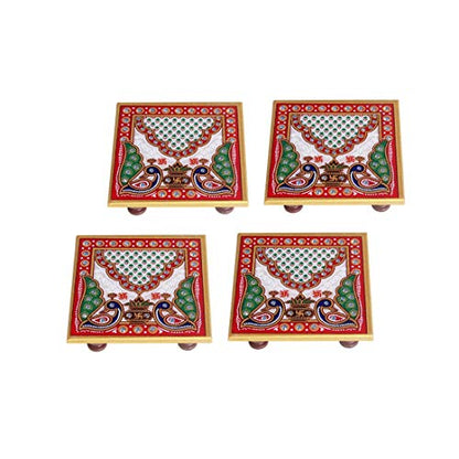 Set of 4 - Marble Pooja Square Chowki, Multicolour, (4 x 4 inch) Mangal Fashions | Indian Home Decor and Craft