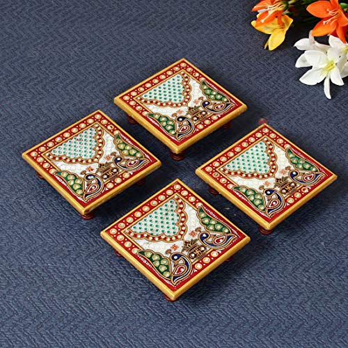 Set of 4 - Marble Pooja Square Chowki, Multicolour, (4 x 4 inch) Mangal Fashions | Indian Home Decor and Craft