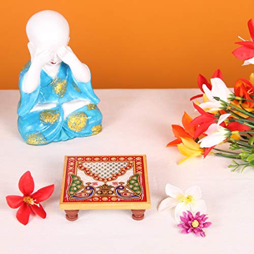Set of 4 - Marble Pooja Square Chowki, Multicolour, (4 x 4 inch) Mangal Fashions | Indian Home Decor and Craft