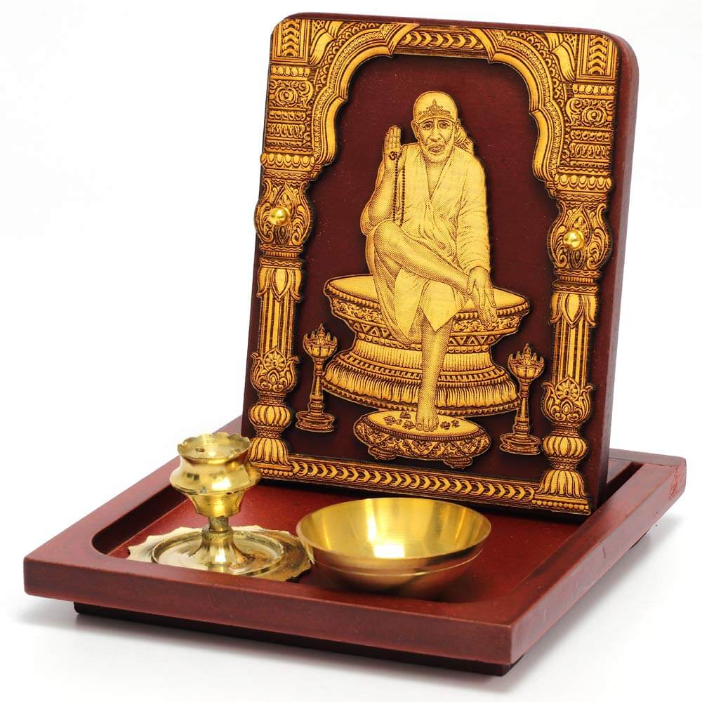 Shree Sai Baba Ji Idol with Wooden Base and Brass Dhoop Agarbatti Stand and Diya (Weight 1 kg) Mangal Fashions | Indian Home Decor and Craft
