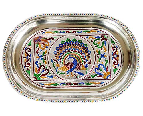 Silver Meenakari Decorative Tray Set - Single Peacock Design | SS Tray (12.35x8.35x0.87 in) and 6 SS Glasses Mangal Fashions | Indian Home Decor and Craft