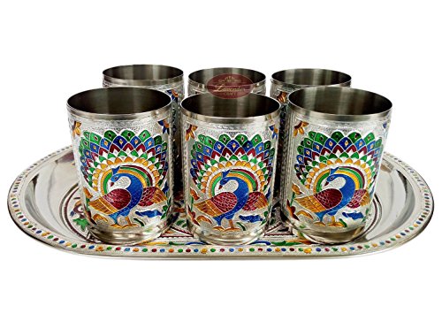 Silver Meenakari Decorative Tray Set - Single Peacock Design | SS Tray (12.35x8.35x0.87 in) and 6 SS Glasses Mangal Fashions | Indian Home Decor and Craft
