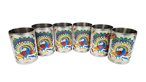 Silver Meenakari Decorative Tray Set - Single Peacock Design | SS Tray (12.35x8.35x0.87 in) and 6 SS Glasses Mangal Fashions | Indian Home Decor and Craft