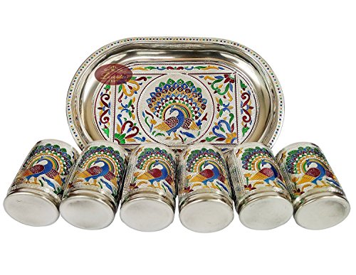 Silver Meenakari Decorative Tray Set - Single Peacock Design | SS Tray (12.35x8.35x0.87 in) and 6 SS Glasses Mangal Fashions | Indian Home Decor and Craft