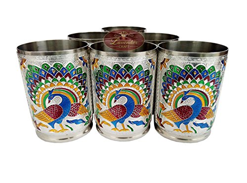 Silver Meenakari Decorative Tray Set - Single Peacock Design | SS Tray (12.35x8.35x0.87 in) and 6 SS Glasses Mangal Fashions | Indian Home Decor and Craft