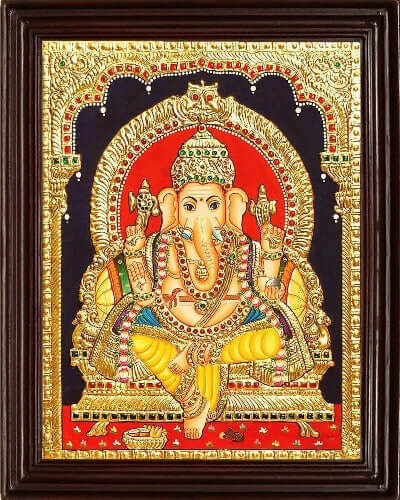 Tanjore Painting - Ganesha - Wooden Photo Frame - 22 Carat Gold Foil (With Certificate of Authenticity for Gold Foil) Mangal Fashions | Indian Home Decor and Craft