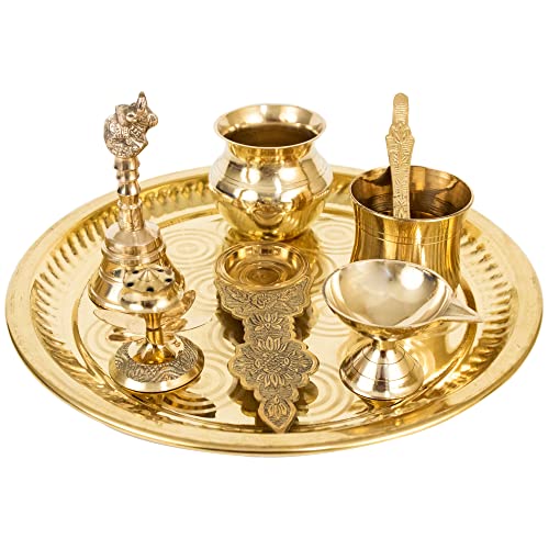 Brass Housewarming Set pooja Diya or Vilakku, Brass Pot, Kamatachi Oil  Lamp, Brass Plate, Ganesh and Lakshmi Idols -  Norway