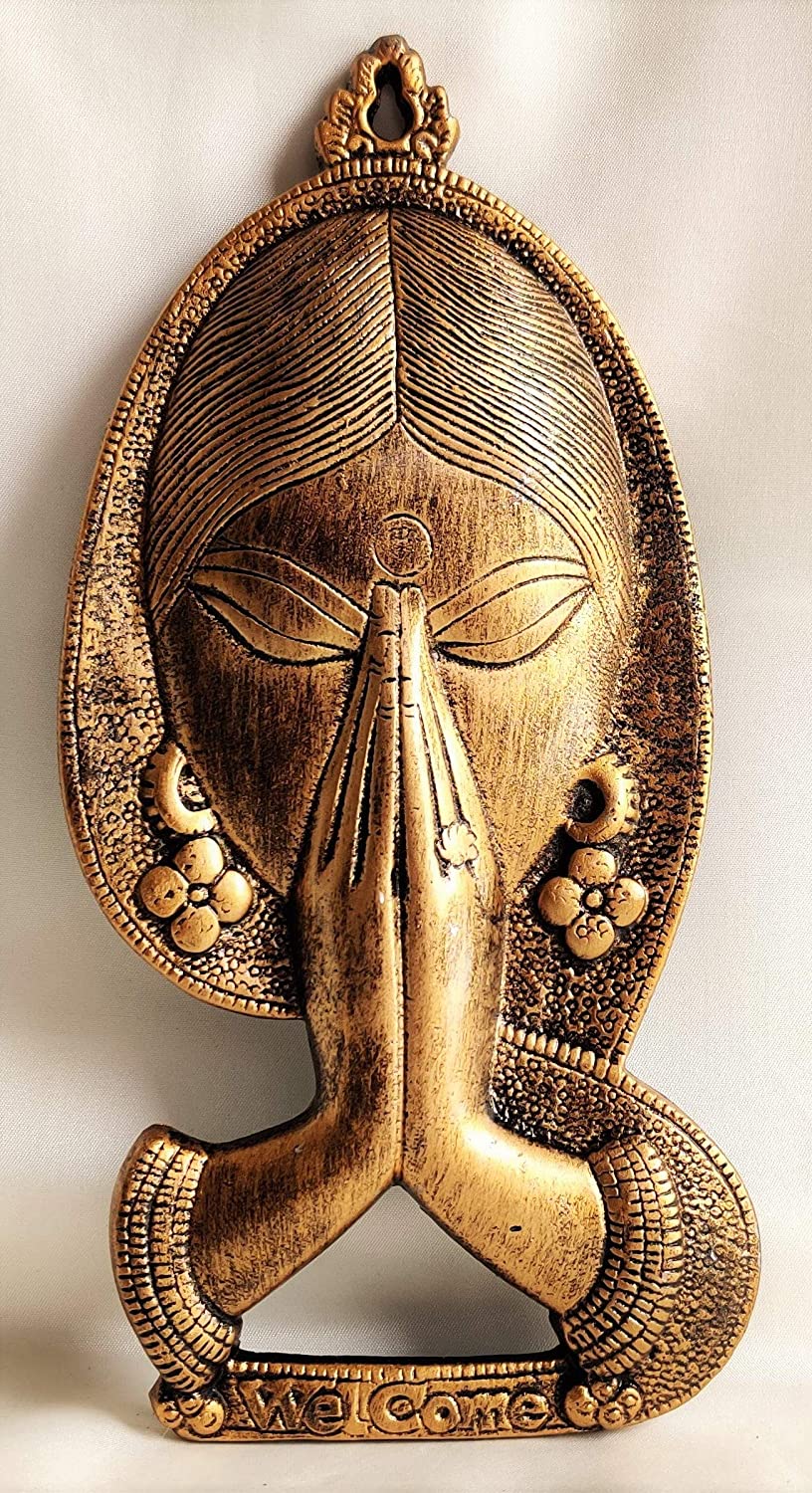 Welcome Namaste Lady Metal Hanging Religious Metal Wall Decor Showpiece Hanging Entrance Gate Decor (14 x 2 x 28 cm, Antique) Mangal Fashions | Indian Home Decor and Craft