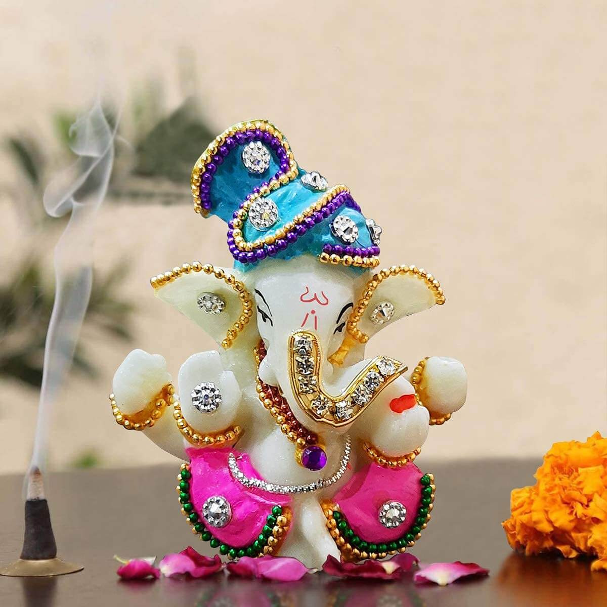 White Stone God Ganesha Statue for Car Dashboard and Home Decor, 3x2x3 Inches (Multicolour) Mangal Fashions | Indian Home Decor and Craft