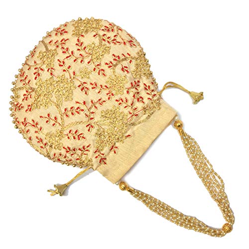 Women's Potli Bag for Return Gifts - Silk | Both Sides Embroidered fabric | String Close | Cheed Moti Handle | 9 in x 8.5 in (Pack of 1) Mangal Fashions | Indian Home Decor and Craft