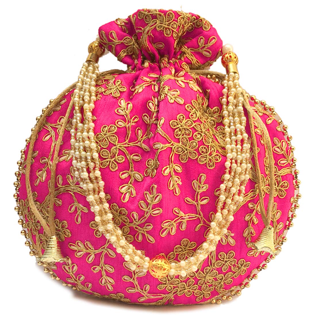 Women's Potli Bag for Return Gifts - Silk | Both Sides Embroidered fabric | String Close | Cheed Moti Handle | 9 in x 8.5 in (Pack of 1) Mangal Fashions | Indian Home Decor and Craft