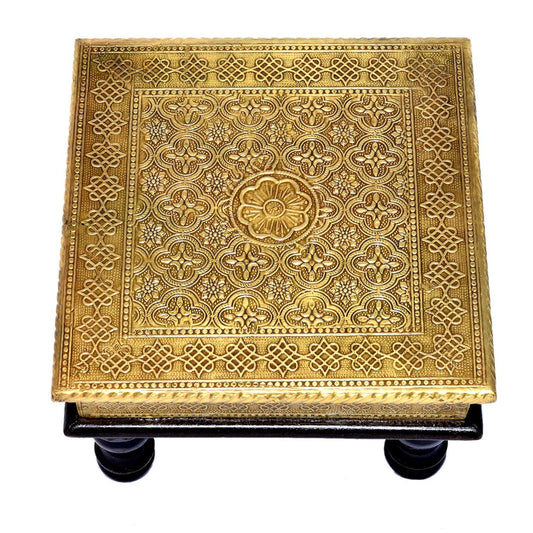 Wood Carved Design Brass Pooja Bajot Chowki (10 x 10 x 6.5 inch, Golden & Brown, Weight: 1.48 kg) Mangal Fashions | Indian Home Decor and Craft