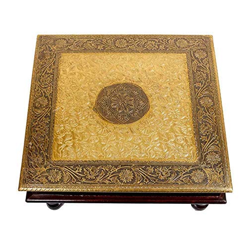 Wooden Brass Design Pooja Bajot Chowki (18 x 18 x 6 Inches, Gold Color, Weight: 800 g) Mangal Fashions | Indian Home Decor and Craft
