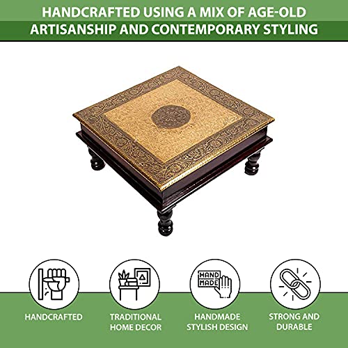Wooden Brass Design Pooja Bajot Chowki (18 x 18 x 6 Inches, Gold Color, Weight: 800 g) Mangal Fashions | Indian Home Decor and Craft