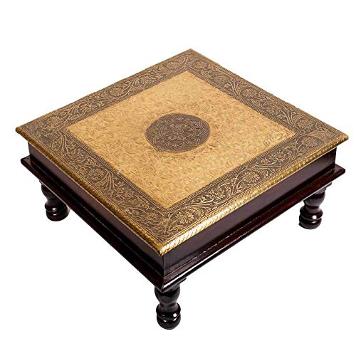 Wooden Brass Design Pooja Bajot Chowki (18 x 18 x 6 Inches, Gold Color, Weight: 800 g) Mangal Fashions | Indian Home Decor and Craft