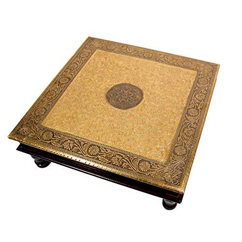 Wooden Brass Design Pooja Bajot Chowki (18 x 18 x 6 Inches, Gold Color, Weight: 800 g) Mangal Fashions | Indian Home Decor and Craft