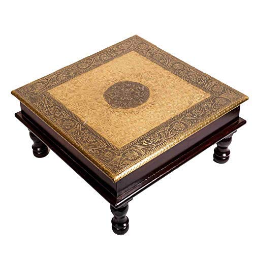 Wooden Brass Design Pooja Bajot Chowki (18 x 18 x 6 Inches, Gold Color, Weight: 800 g) Mangal Fashions | Indian Home Decor and Craft