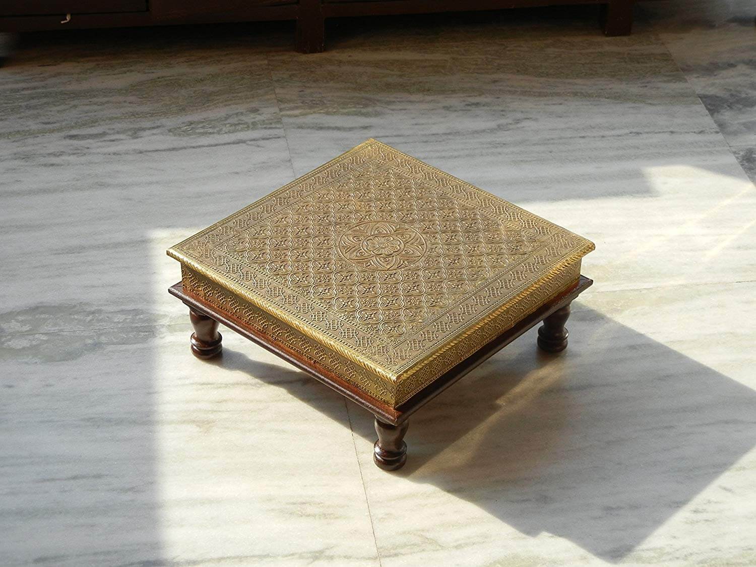 Wooden Brass Ethnic Handmade Chowki Bajot Table (12 x 12 x 6.25 Inches; Weight: 3kg) Mangal Fashions | Indian Home Decor and Craft