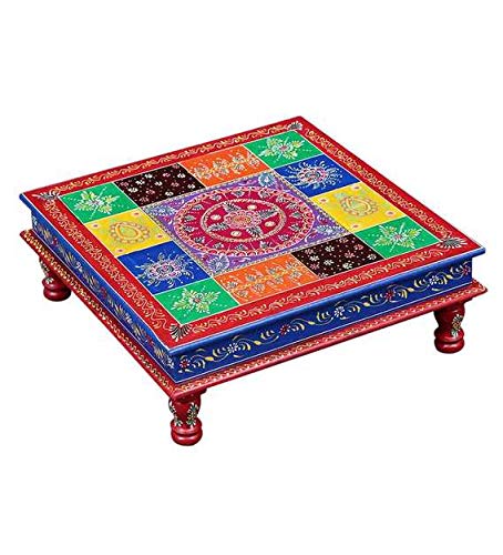 Wooden Floral Painting Decorative Bajot Chowki for Sitting Pooja Temple (15 x 15 x 6 Inch) Mangal Fashions | Indian Home Decor and Craft