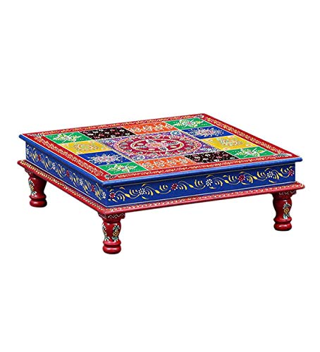 Wooden Floral Painting Decorative Bajot Chowki for Sitting Pooja Temple (15 x 15 x 6 Inch) Mangal Fashions | Indian Home Decor and Craft