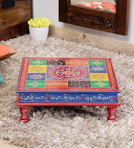 Wooden Floral Painting Decorative Bajot Chowki for Sitting Pooja Temple (15 x 15 x 6 Inch) Mangal Fashions | Indian Home Decor and Craft