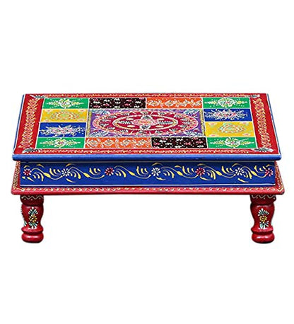 Wooden Floral Painting Decorative Bajot Chowki for Sitting Pooja Temple (15 x 15 x 6 Inch) Mangal Fashions | Indian Home Decor and Craft