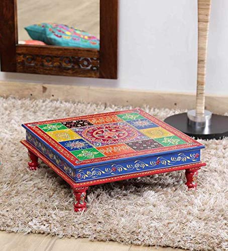 Wooden Floral Painting Decorative Bajot Chowki for Sitting Pooja Temple (15 x 15 x 6 Inch) Mangal Fashions | Indian Home Decor and Craft