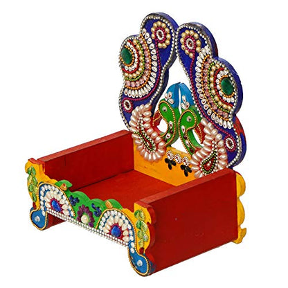 Wooden Meenakari Stylish Laddu Gopal Singhasan for God Idols & Gifts Mandir Decoration Kanha Ji Sihasan for Home and Office (6.5 x 5 x 8 inch, Multicolor) Mangal Fashions | Indian Home Decor and Craft