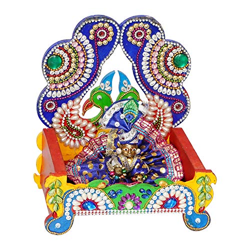 Wooden Meenakari Stylish Laddu Gopal Singhasan for God Idols & Gifts Mandir Decoration Kanha Ji Sihasan for Home and Office (6.5 x 5 x 8 inch, Multicolor) Mangal Fashions | Indian Home Decor and Craft