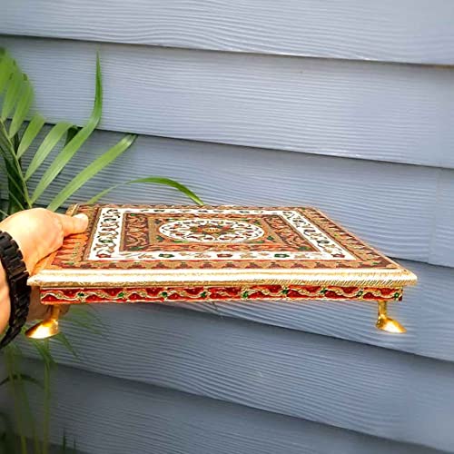 Wooden Minakari Pooja Chowki | Decorative Bajot (12 Inch/Golden) Flower Design Mangal Fashions | Indian Home Decor and Craft