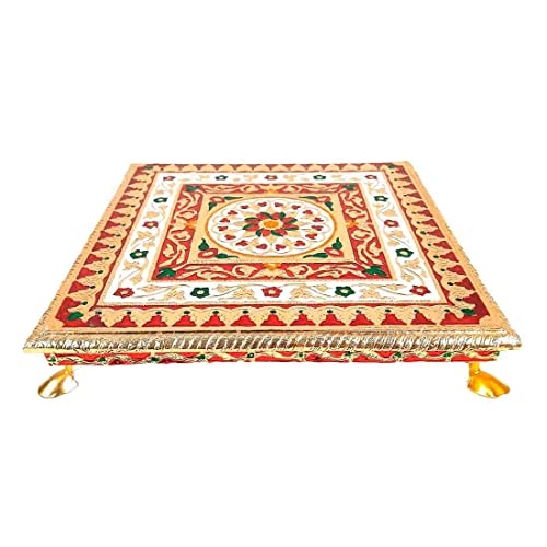 Wooden Minakari Pooja Chowki | Decorative Bajot (12 Inch/Golden) Flower Design Mangal Fashions | Indian Home Decor and Craft