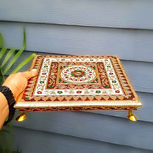 Wooden Minakari Pooja Chowki | Decorative Bajot (12 Inch/Golden) Flower Design Mangal Fashions | Indian Home Decor and Craft